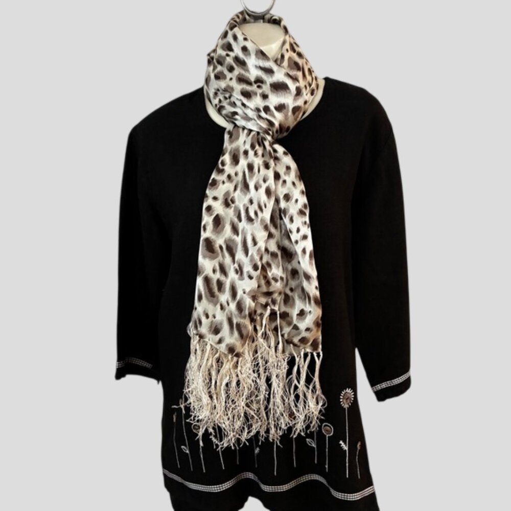 Leopard Print 100% Silk Rectangle Scarf With Fringe